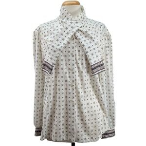 Fire Islander‎ Vintage Long Sleeve Button Up Top Tie Neck Tunic USA Women's 18